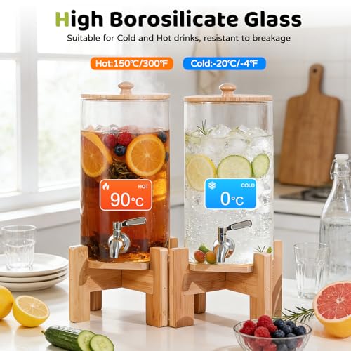 Yellow 1.1 Gallon Glass Drink Dispenser with Wood Stand - Party Beverage Dispenser