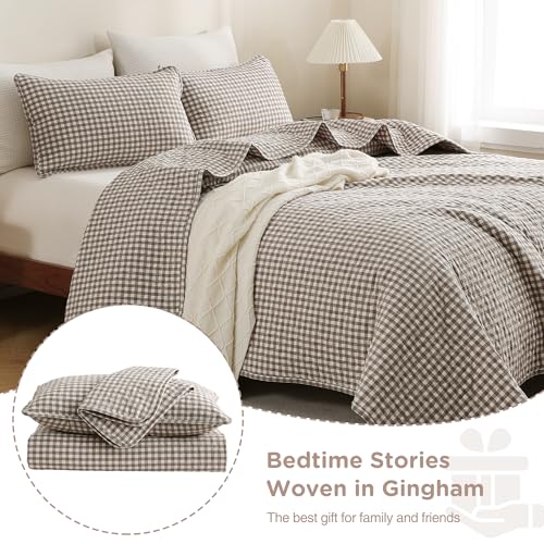 TOCOMOA Tan Gingham Quilt Bedding Set - King 106x96 Inches, Cotton-Like Linen