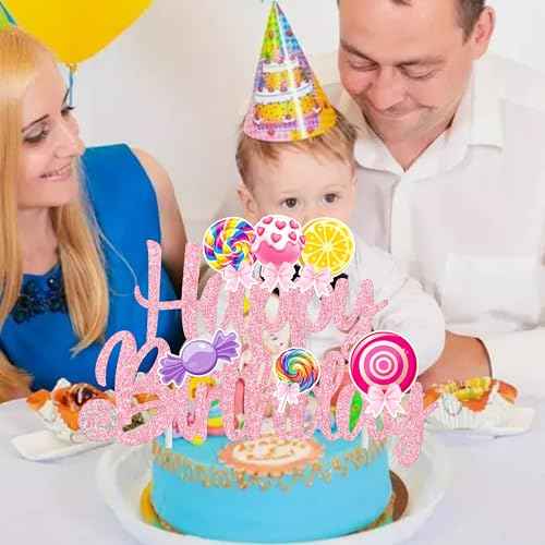 Candy Birthday Cake Topper Lollipop Birthday Party Supplies Pink Glitter Candyland Birthday Cake Decorations for Girl Candy Theme Baby Shower Birthday Party Supplies