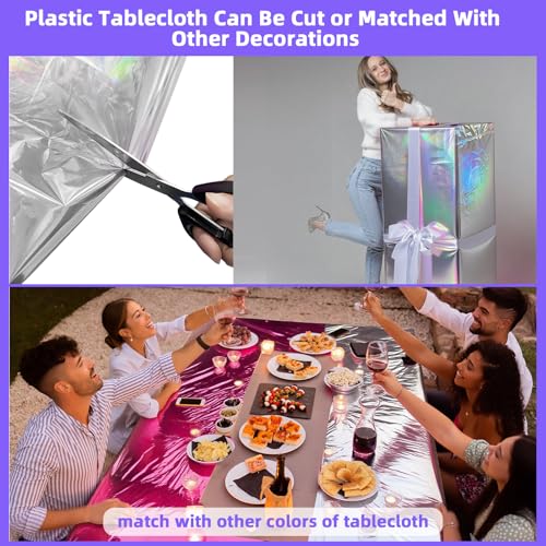 JINSUI Iridescent Tablecloth Party Decorations 4 Pack, 54" X 108" Plastic Tablecloths Disposable for Birthday Disco, Silver Laser Rectangle Table Covers for Bachelorette Bridal Wedding Decor