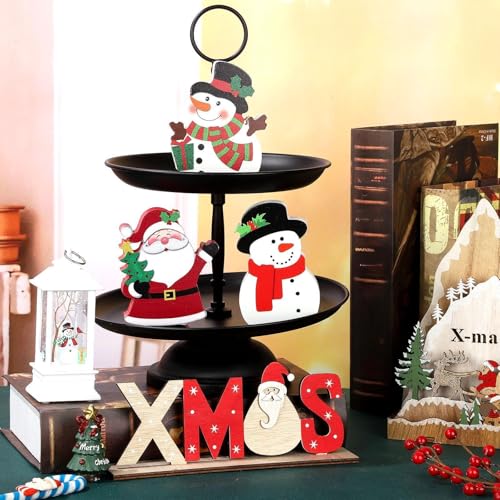 Yookeer 3 Pieces Christmas Table Centerpiece Decor for Tiered Tray Christmas Wooden Snowman Table Signs Santa Xmas Tabletop Centerpiece Decorations for Shelf Display Home Room Desk