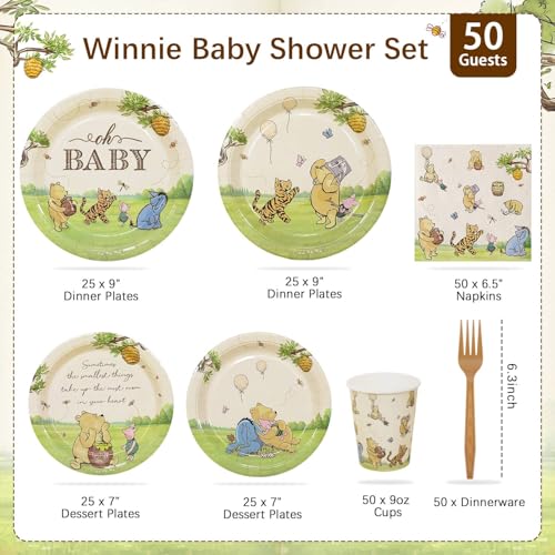 Lopeastar Winnie Bear Baby Shower Plates Set for 50 Guests - Neutral Design
