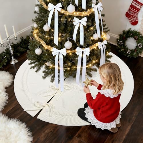 Yuboo Cream Cable Knit Christmas Tree Skirt 36 Inch Boho Farmhouse Decor