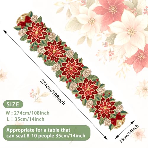 Christmas Tree Table Runner 14x108 in Red Green Winter Linen with Embroidery