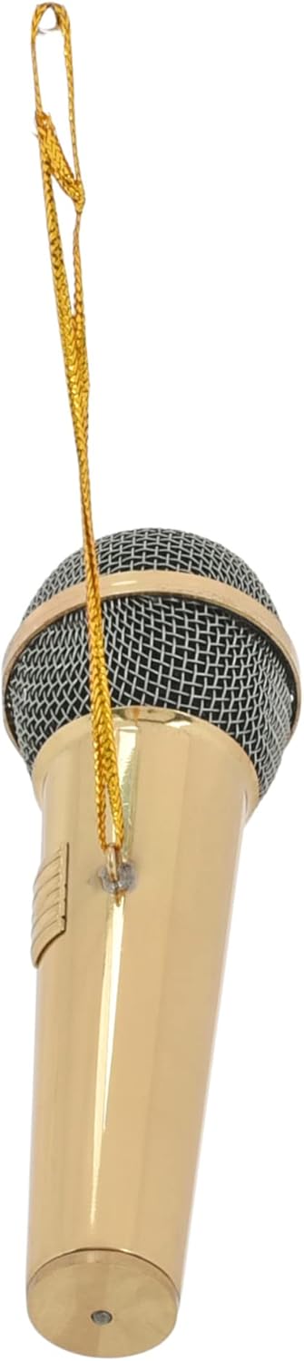 Gold Tone Microphone Ornament - 3" Brass Hanging Decor for Musicians & Singers