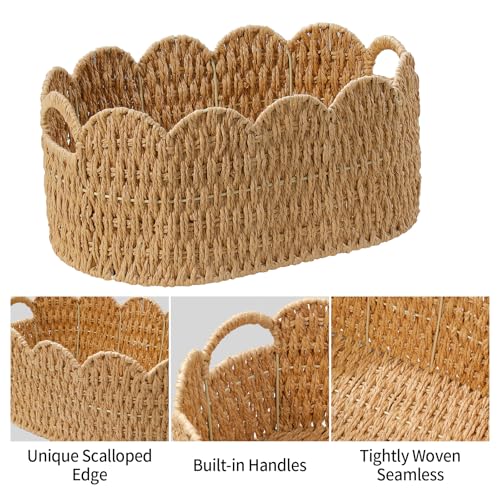 Natural Paper Rope Scalloped Basket Set of 2 - Wicker Storage Baskets for Shelves, Toys, Gifts & Decor