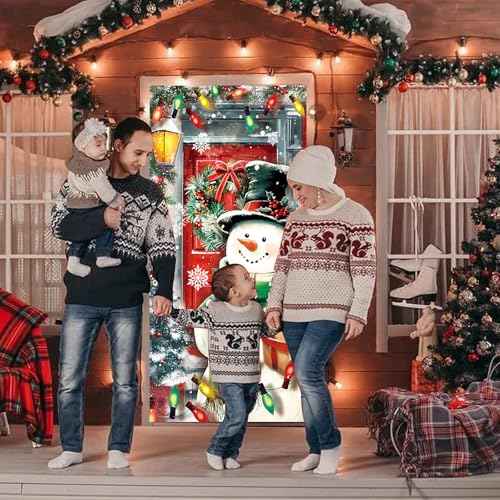 FOIMAS Christmas Door Cover Snowman Backdrop Door Banner Photography Hanging Cover Photo Booth Props for Christmas Winter Home Decoration Indoor Outdoor