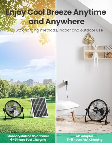 14-Inch Portable Solar Battery Fan - Black, Wireless, Rechargeable, Camping Fan with Phone Charging