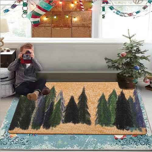 Christmas Pine-Trees-Snowflake Welcome-Doormat,Non Slip Coir Entry Doormat Festival Rugs Decration 17" x 29"