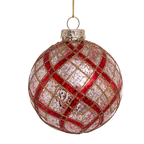 80MM Silver with Gold and Red Plaid Glass Ball Ornaments, 6-Piece Set