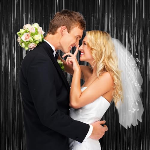 Black Foil Curtain Backdrop,2Pack Black Metallic Tinsel Foil Fringe Curtains Photo Booth Props for Birthday Wedding Engagement Baby Shower Bachelorette Christmas Halloween Disco Party Door Decorations