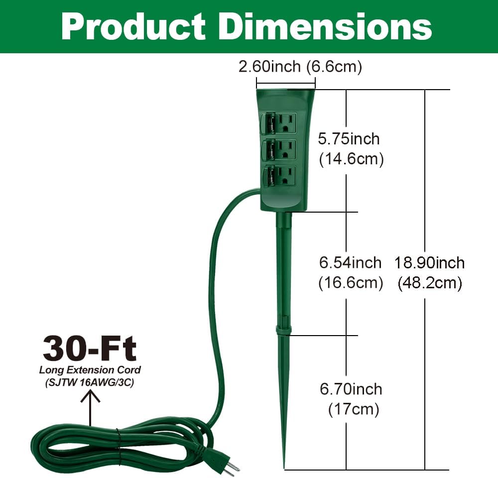 Outdoor Power Strip with Covers - 6-Outlet Yard Stake, 9ft Cord & Overload Protection