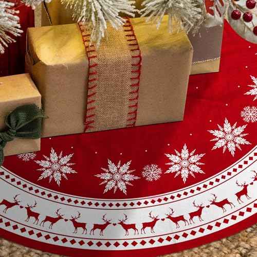 Christmas Tree Skirt 36 inch Large Tree Skirt Snowflake Reindeer Red Xmas Tree Skirt Rustic Christmas Tree Mat Decorations for Winter New Year Holiday Party Decor Indoor Outdoor (Santa, 36inch)