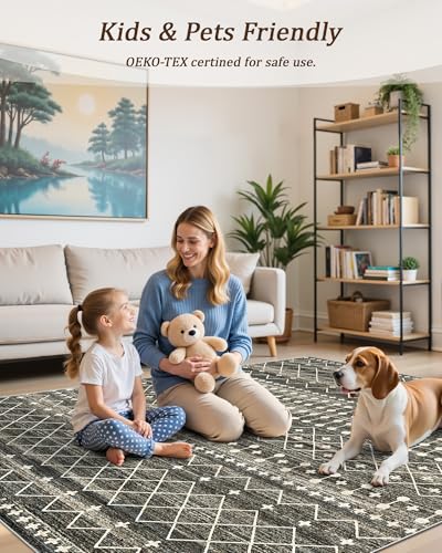 8x10 Black Area Rug - Washable Non-Slip Moroccan Style Living Room Rug