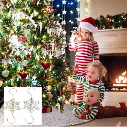 Furimuk Christmas Snowflake Ornament Hook Hangers Gold Sliver Snowflake Decorative Christmas Tree Hanging Metal Wire for Xmas Christmas Tree Decoration Hangers(20PCS) (Gold)