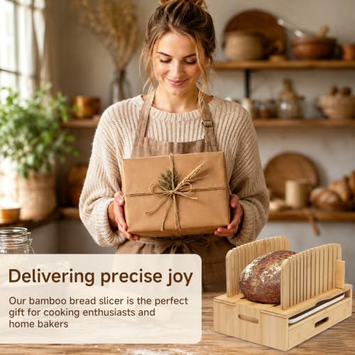 Bamboo Bread Slicer with Adjustable Guides and Crumb Tray – Wooden Loaf Cutter
