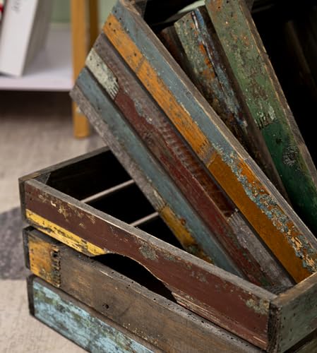 Set of 3 Rustic Wooden Nesting Crates - Farmhouse Decorative Storage Baskets - Random Variation