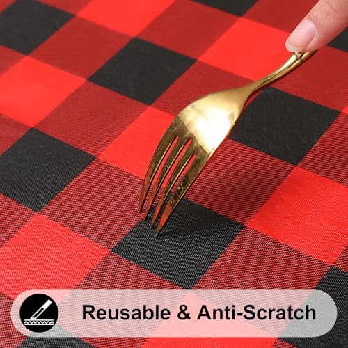 Smiry 72 x 42 inch Flannel-Backed Waterproof Vinyl Tablecloth - Red & Black Gingham, Elastic-Fit Fitted Table Cover