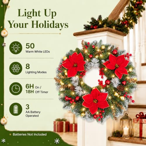 24-Inch Lighted Christmas Wreath with Frosted Poinsettias, Red & Green, Battery-Operated