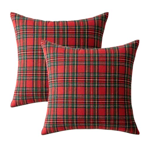 Woaboy Christmas Set of 2 Scottish Tartan Throw Pillow Covers Farmhouse Classic Plaid Decorative Couch Pillows Home Decor for Sofa Living Room Bed 18x18 Inch, Red