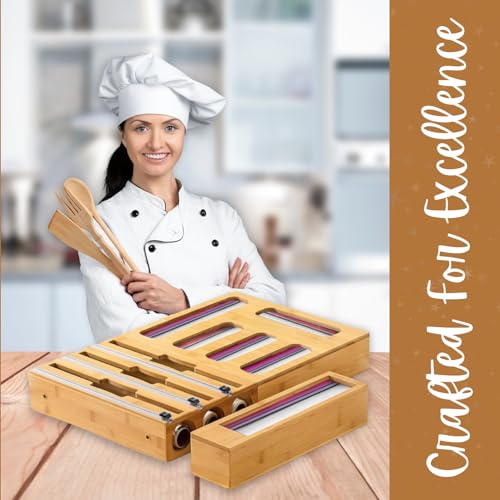 9-in-1 Kitchen Drawer Organizer for Food Storage & Wraps, Bamboo Dispenser with Cutter