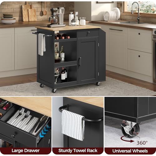 Kitchen Island Cart with Power Outlet and Storage - Black & Natural Finish