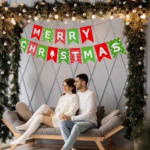 AHEONLAR Merry Christmas Banner, Red Green Xmas Decorations Paper Banner Sign With String for Fireplace/Wall/Window, Christmas Home Office Decor Banners, Christmas Party Banner for Holiday Decoration