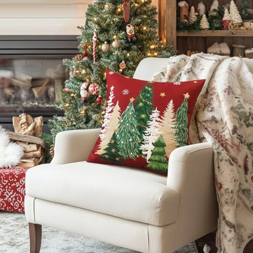 Artscope Christmas Tree Throw Pillow Covers 18x18 Inch Set of 2, Winter Hoilday Christmas Decoration Pillow Cases for Home Decor-Red