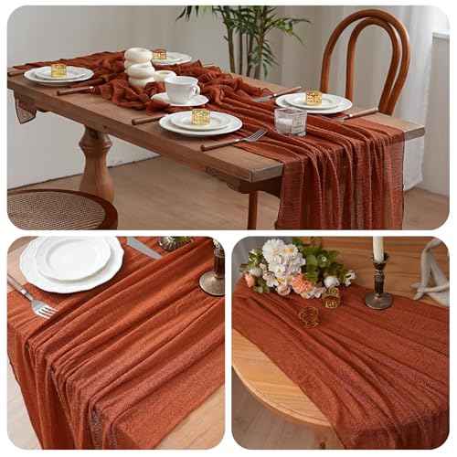 1Pcs Cheesecloth Fall Thanksgiving Table Runner Terracotta 10FT Boho Gauze Cheese Cloth Table Runners 120 Inches Long Rustic Sheer for Centerpiece Home Party Christmas Wedding Baby Shower Spring Decor