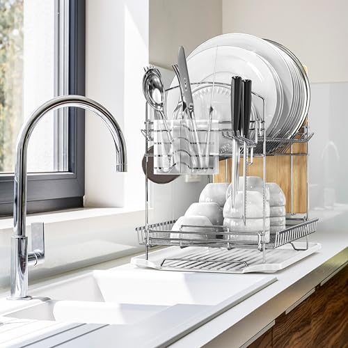 Stainless Steel Dish Rack with Drainboard and Cutlery Basket - Chrome - 2-Tier