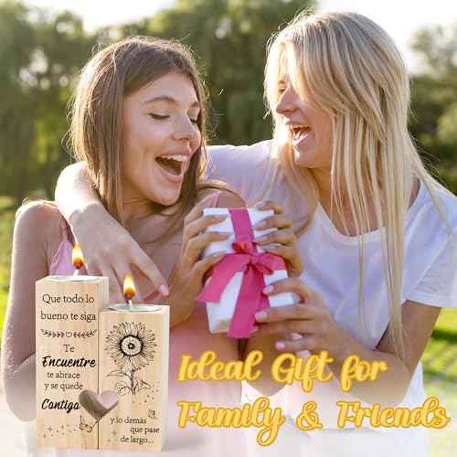 Zainpe Spanish Inspirational Graduation Candle Holders Gift for Teacher Women Friend Sister Bestie Mum Daughter, Wooden Heart Double Sided Printing Candlestick Birthday Friendship Gifts