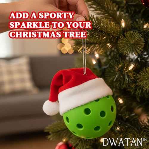 Pickleball Ornaments Set of 3, Green Balls with Santa Hats, Christmas Tree Sports Decorations, Funny Pickleball Gifts, Holiday Home D?cor, Gift Ready Box for Players and Fans