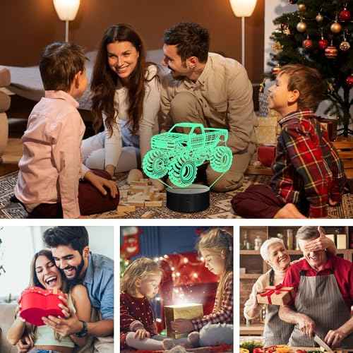 Monster Trucks Night Light for Boys, 3D LED Optical Illusion Lamp with Remote Control and Timer, Perfect Christmas and Birthday Gift Idea for Boys, Kids, and Teens
