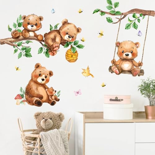 Yovkky Woodland Animals Bear Wall Decals Stickers, Forest Cute Birds Branch Swing Honeycomb Infant Neutral Toddler Baby Nursery Decor, Butterfly Bee Leaves Mushroom Decorations Kids Bedroom Playroom