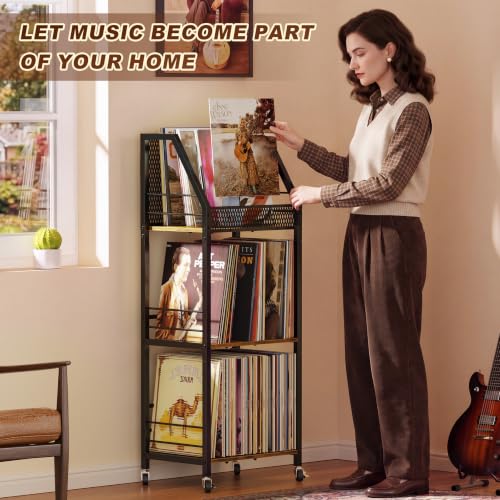 Vinyl Record Storage Holder for 300 Albums - 3-Tier Rolling Shelving Unit with Dividers