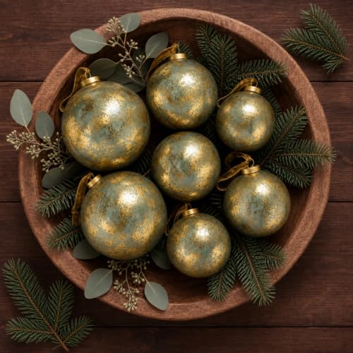 Civaner 6 Pcs Vintage Christmas Glass Ornaments Set – 4in & 3.14in Antique Gold Copper