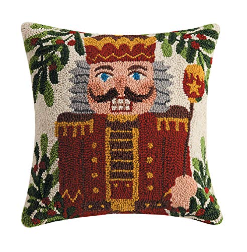 Peking Handicraft Nutcracker with Staff & Holly Holiday Hook Pillow 16-Inch Square