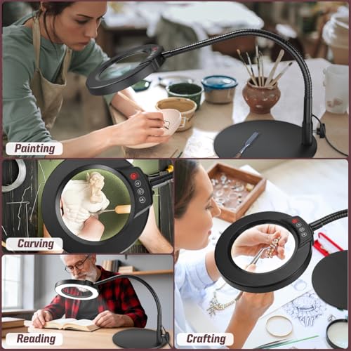 Black 10X Magnifying Lamp with 16.5in Flexible Gooseneck & Dimmable LED for Crafts & Precision Work