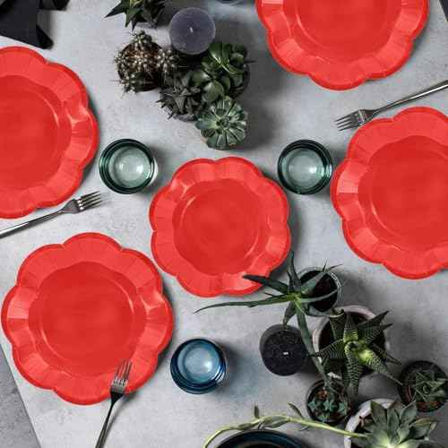 50 Pcs Red Paper Plates 25 ¡¿ 7'' and 25 ¡¿ 9'' Disposable Scalloped Red Dinner Plates Cute Party Plate for Birthday, Christmas, Picnic