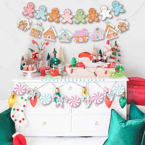 K KUMEED 3 PCS Gingerbread Man Theme Banners, Christmas House Decorations, Pink Party Supplies for Winter Birthday Baby Shower Decor
