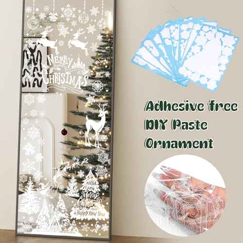 Amiya 216PCS Snowflake Christmas Window Clings White Xmas Window Stickers Santa Claus Reindeer Reusable Double Sided Holiday Window Decorations for Party Supplies