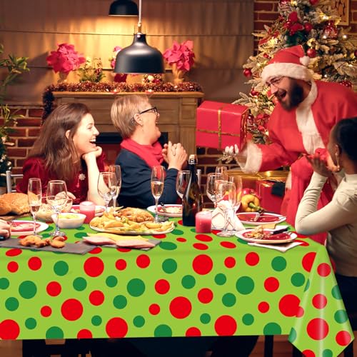3Pcs Christmas Disposable Tablecloth Red Green Polka Dot Table Cover Rectangle Plastic Table Cloth for Xmas Party Decoration, 54 x 108 Inch