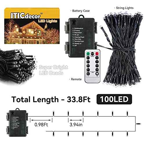 ITICdecor 33ft 100 LED Christmas String Lights, Waterproof Fairy Starry String Lights Battery Operated, 8 Modes Decorative Lights for Indoor Outdoor Xmas Tree Party Garden (Warm White)