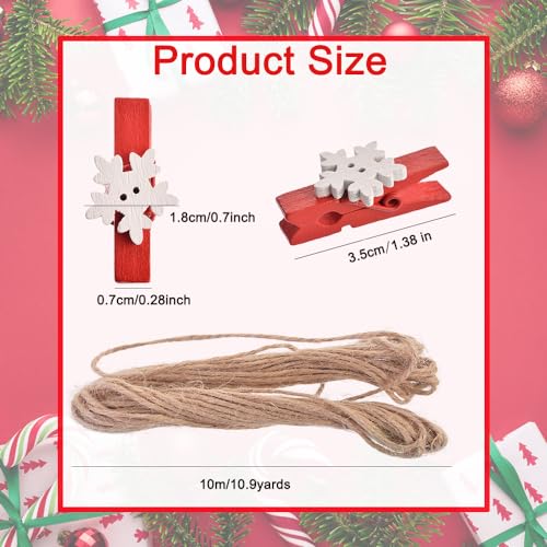 50pcs Mini Clothes Pins for Photo Christmas Tree Decoration White Wooden Heart Star Small Clothespins Picture Hanger Display Clips with String (Red Snow, 50 Pcs)