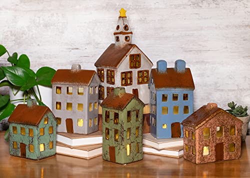 Mark Feldstein LED Village Houses & Church Figurines, 12 Pieces - Ceramic Lighted Decor Set