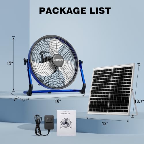 Blue 14-Inch Solar Powered Fan with Metal Blades & Quiet Brushless Motor - Rechargeable Battery, Portable for Home, RV, Camping, Greenhouse