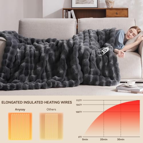 Electric Heated Blanket Throw with 6 Heat Levels, Auto-Off Timer 62x84 Dark Grey Faux Rabbit Fur
