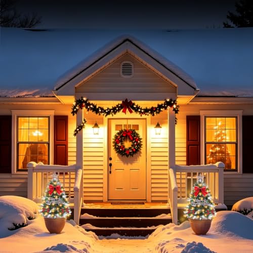 Tailerri Mini Christmas Trees Solar Decor 2 Pack with Snowy Foliage - 8 Lighting Modes
