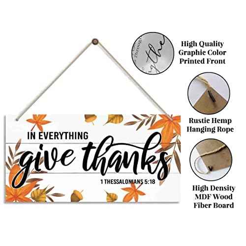 Thanksgiving Door Sign Decor, In Everything Give Thanks, Fall Autumn Seasonal Wall Art Hanging Wooden Sign Halloween Thanksgiving Decorations for Home Party Outside Indoor