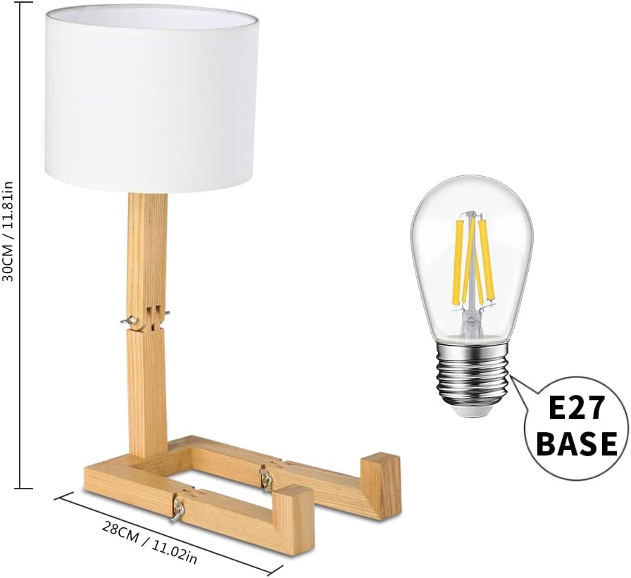 ELINKUME Robot Desk Lamp Set of 2, Creative Bedside Lamp for Bedroom,Wooden Lamp Body Adjustable,DIY E26 Living Room Table Lamps with Fabric Shade,Modern Indoor Decorative Lighting, TB-QBT005-WHM2